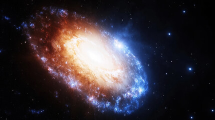 Obraz premium Vibrant spiral galaxy glowing with radiant hues of orange, blue, and white, surrounded by countless stars in vastness of space, showcasing cosmic beauty and high fidelity detail