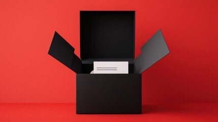 Obraz premium A sleek black box with open flaps contains a white card, set against a vibrant red background for a bold, modern presentation.