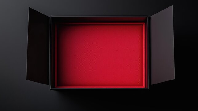 A sleek, black rectangular box with open flaps revealing a vibrant red textured interior, set against a dark background.