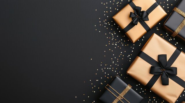 Elegant gold and black gift boxes with black ribbons arranged on a black background with scattered gold confetti.