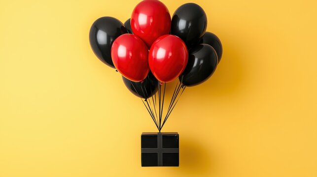 A black gift box is lifted by red and black balloons against a yellow background, symbolizing celebration and surprise. - Powered by Adobe