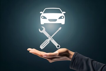 A symbolic representation of car repair or automotive services, with a white outlined car and overlaid tools (wrench and screwdriver) floating above an outstretched human hand against a dark.