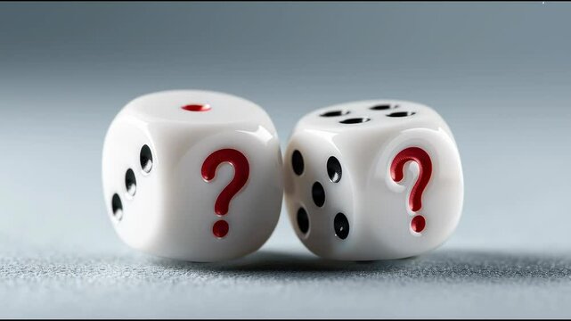 Uncertain Future: Two dice, each displaying a question mark instead of numbers, sit side by side, symbolizing uncertainty, chance, and the unknown.