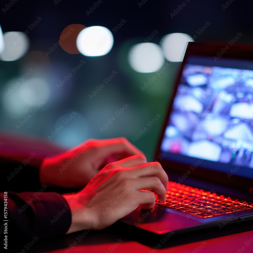 Poster hands using laptop keyboard in dark environment with bokeh city lights in background for technology 