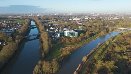 river scheldt railway bridge where cars moving scene transport hub office buildings city ghent backdrop panning shot of scenic view 