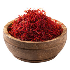 Saffron Threads in a Wooden Bowl, Isolated on a Plain Background, High Quality Spice