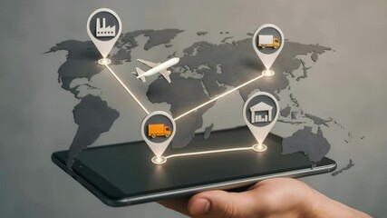 A hand holds a tablet projecting world map icons linking factory truck plane and warehouse. Concept of end-to-end supply network. - Powered by Adobe