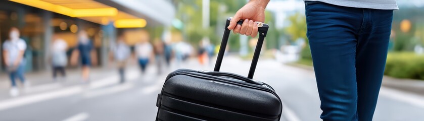 Young Traveler with Rolling Suitcase at Airport Terminal Preparing for Journey or Adventure during Daytime Travel Experience