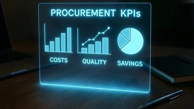 A neon blue glass panel displays costs quality savings charts on a dark desk. Concept of procurement performance tracking.