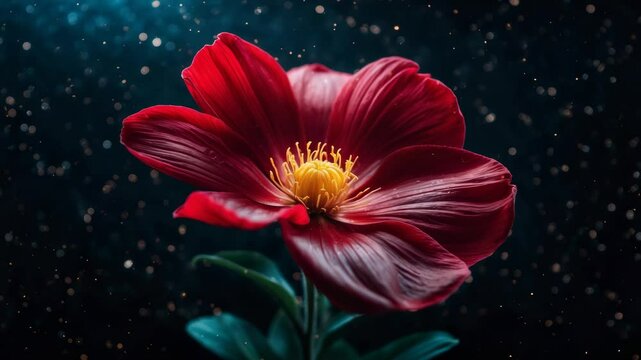 Scarlet flower petals quiver as golden pollen drifts