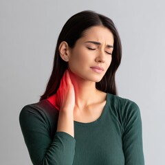 Obraz premium Young woman experiencing neck pain while touching her shoulder in a cozy indoor setting