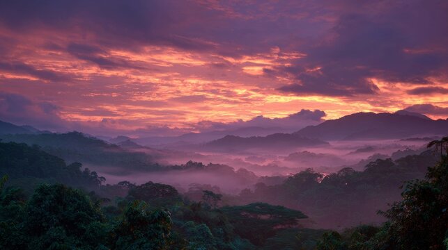 A beautiful sunrise over the dense jungle canopy, with misty clouds and a purple sky. - Powered by Adobe
