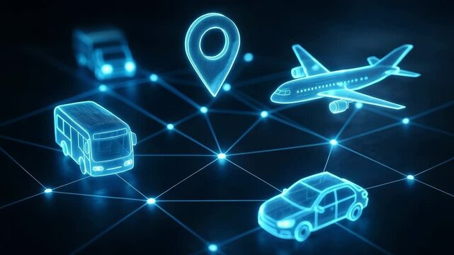 A glowing network of lines links holographic icons of car, bus, truck and airplane around a location pin. Concept of multimodal transport connectivity.