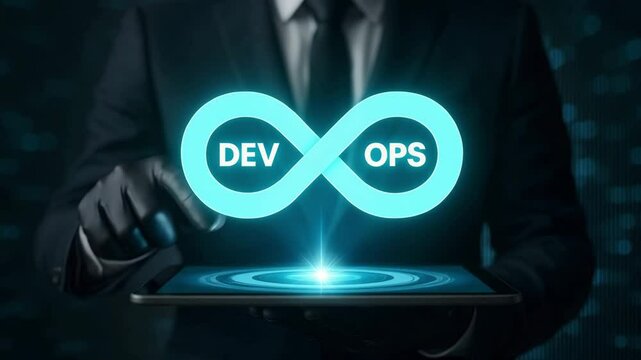 A suited professional wearing black gloves presents a glowing infinity loop reading dev and ops above a tablet. Concept of continuous integration.