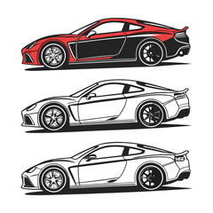 Sleek sports cars in red black and outline coupe white