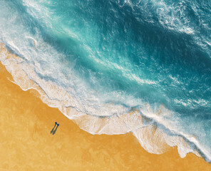 Aerial view of the beach with waves and sand. Bright ocean beach and water.