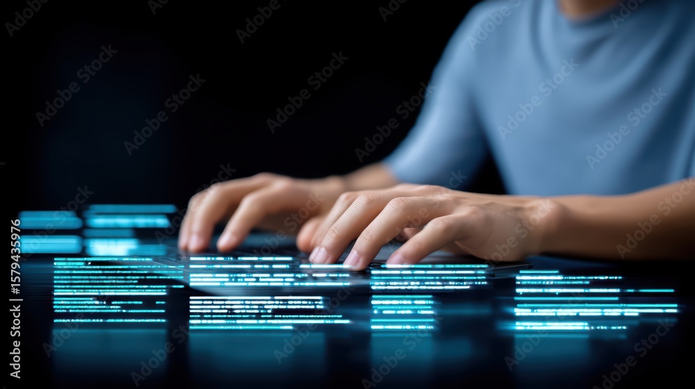 Poster hands typing on interactive screen displaying code in a dark environment for digital innovation conc