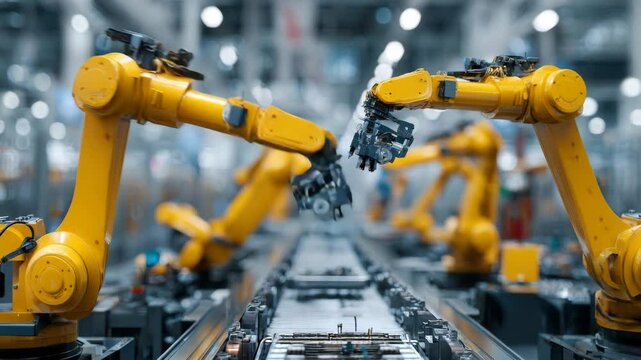 Robotic arms are efficiently working together on an assembly line in a high-tech manufacturing facility. The smooth coordination enhances production speed and precision