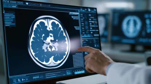 A neurologist analyzes detailed brain scans on a monitor inside a research lab. The focus is on cutting-edge medical technology used for diagnosing neurological conditions - Powered by Adobe