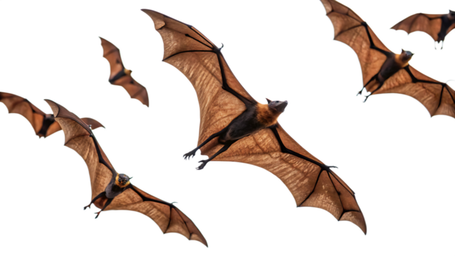 Colony of flying fox fruit bats in the sky  isolated on a white background PNG. AI GENERATED.
