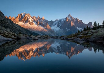 Beautiful mountain peaks with reflection in a lake at sunrise.