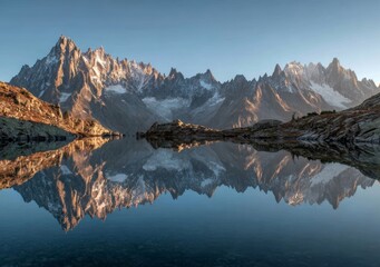 Beautiful mountain peaks with reflection in a lake at sunrise.