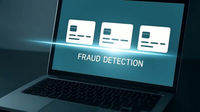 A dark laptop displays three bank card icons under a bright fraud detection banner. Concept of online payment risk prevention.