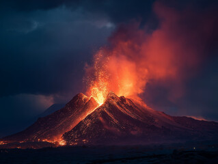 Fototapeta premium Volcano erupting at night with lava flow, cinematic HDR
