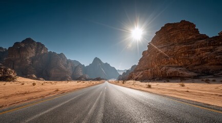 Road  mountain and rocks with desert landscape in the sunny day in the summer.