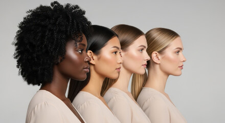 Diverse women in profile, highlighting different skin tones and hair types in a beauty concept