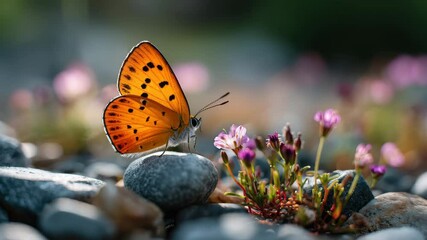 A vibrant orange butterfly rests on smooth pebbles surrounded by colorful blooming flowers in a peaceful garden. The sunlight enhances the beauty of this tranquil outdoor scene
