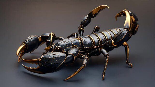 A detailed, black and gold scorpion resting on a dark surface