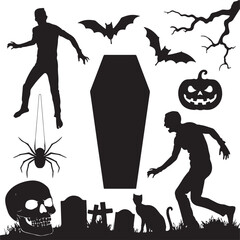 Spooky Halloween Elements Silhouette Vector Set

Witch Flying on Broom with Bats Halloween Clipart

Haunted House with Pumpkin and Bats Silhouette Design

Creepy Halloween Scene with Ghosts and Full M