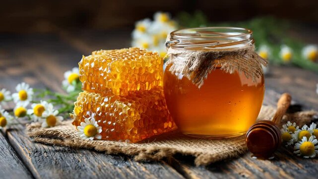 Golden honey spills from a glass jar beside textured honeycombs, all placed on a rustic surface adorned with wildflowers, capturing the essence of natural sweetness