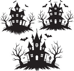 Spooky Halloween Elements Silhouette Vector Set

Witch Flying on Broom with Bats Halloween Clipart

Haunted House with Pumpkin and Bats Silhouette Design

Creepy Halloween Scene with Ghosts and Full M