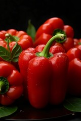 Group of Red Bell Peppers with Green Leaves