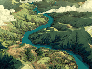 Bird’s-eye view of mountain ridges and winding rivers