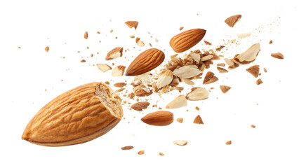 Falling almond pieces in a flying explosion with isolated on a white background PNG. AI GENERATED.

