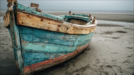 Old wooden boat on a sandy beach