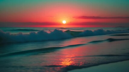 Neon sun sets with turquoise waves and rose skies