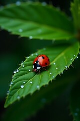 Fototapeta premium Red Ladybug with Black Spots on Green Leaf with Water Droplets insect beetle