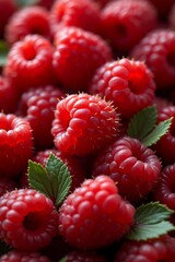 Raspberry Berries with Green Mint Leaves