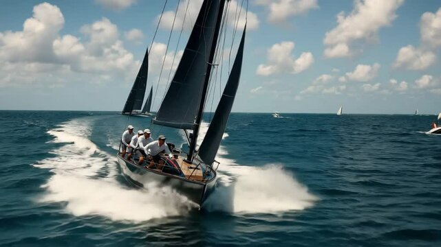 A racing sailboat navigates through blue waters. Four crew members, wearing white shirts and hats, work together to steer the boat under a clear sky.