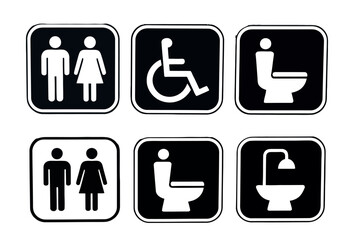 Four black and white restroom signs indicating accessibility men women and gender neutral restrooms are shown