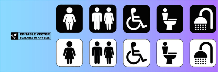 restroom signs including accessible unisex male and female icons on black and yellow squares