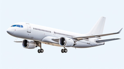 Pristine white passenger airplane soars in the blue sky, a modern airliner showcasing sleek design and powerful engines, ready for air travel.
