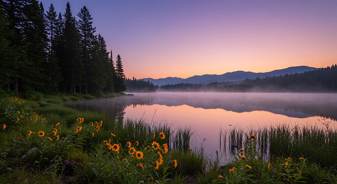 Tranquil sunrise over a misty lake surrounded by lush green forest and mountains - Powered by Adobe