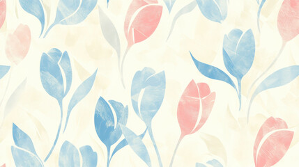 Retro floral seamless pattern featuring faded pastel tulips in soft blue and pink tones, creating vintage and delicate aesthetic. Perfect for wallpaper, fabric, or stationery design
