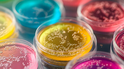 Petri dishes with colorful cultures in laboratory