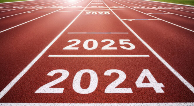 A running track with lanes marked by white lines, displaying the years 2024, 2025, and 2026, representing progress and future goals